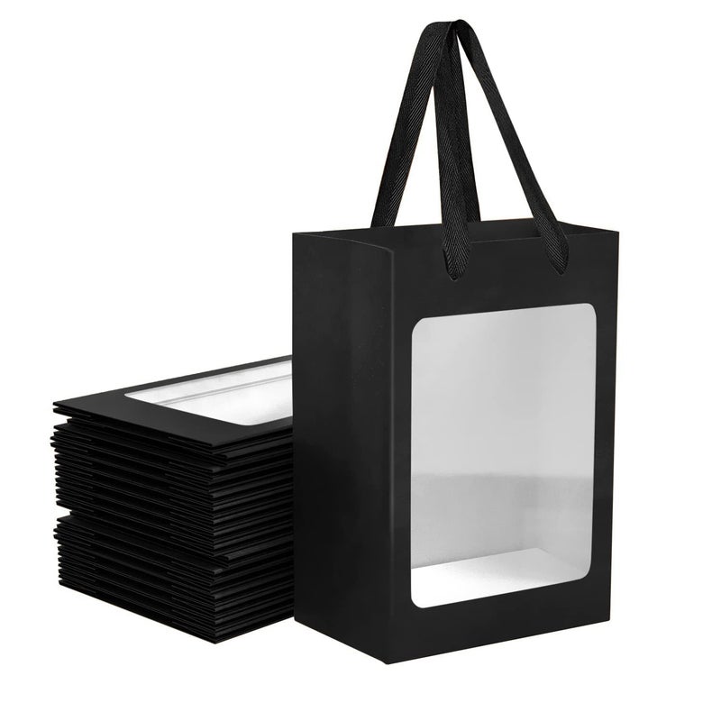 12 Pcs Black Kraft Paper Gift Bags with Transparent Window 984x70x512 Kraft Shopping Bags with Handles for Bouquet Christmas Birthdays Festivals Party Weddings Wrapping